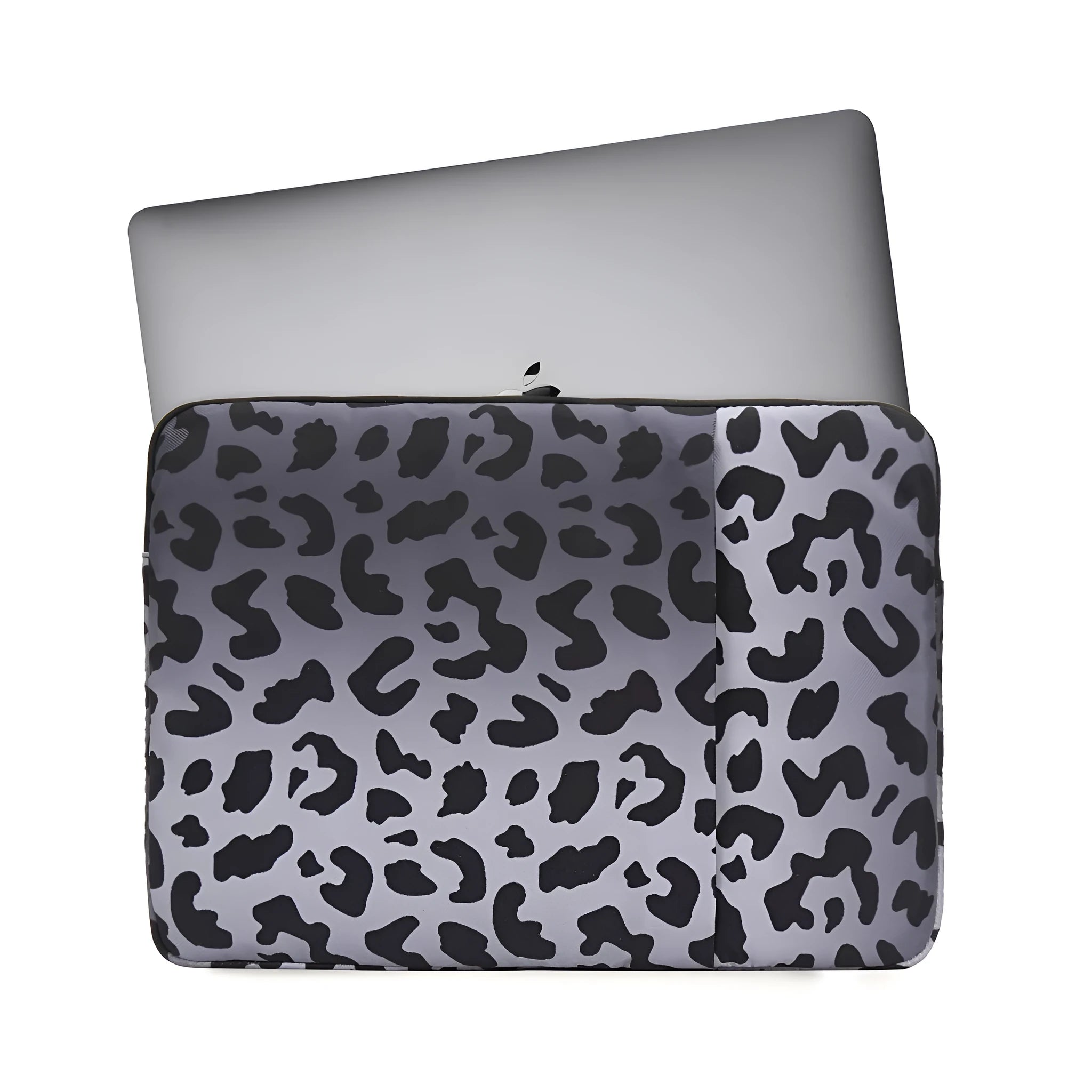 Leopard print laptop sleeve for 13-inch to 16-inch devices, showing anti-shock and waterproof features