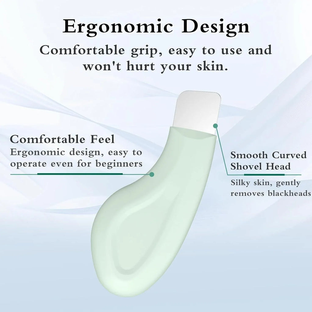 A green stainless steel blackhead scraper tool with a non-slip handle on a white background.
