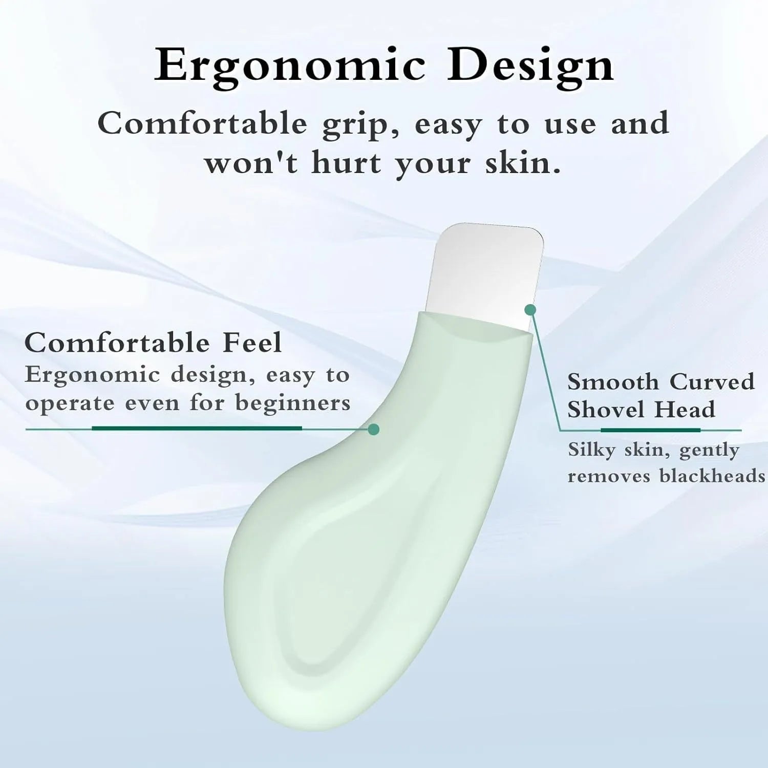 A green stainless steel blackhead scraper tool with a non-slip handle on a white background.