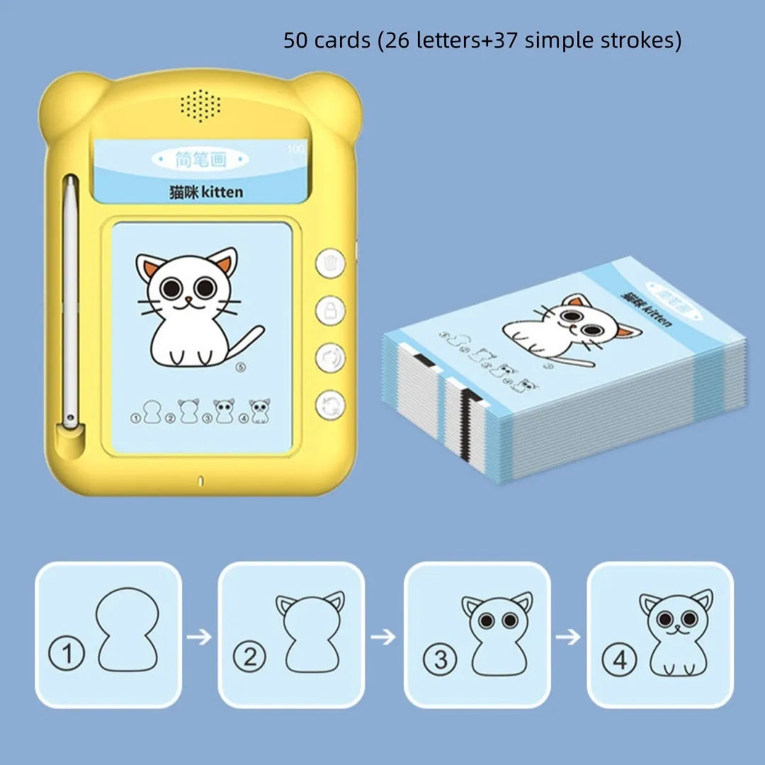 Yellow bilingual early learning machine with educational cards for letter and Chinese character practice