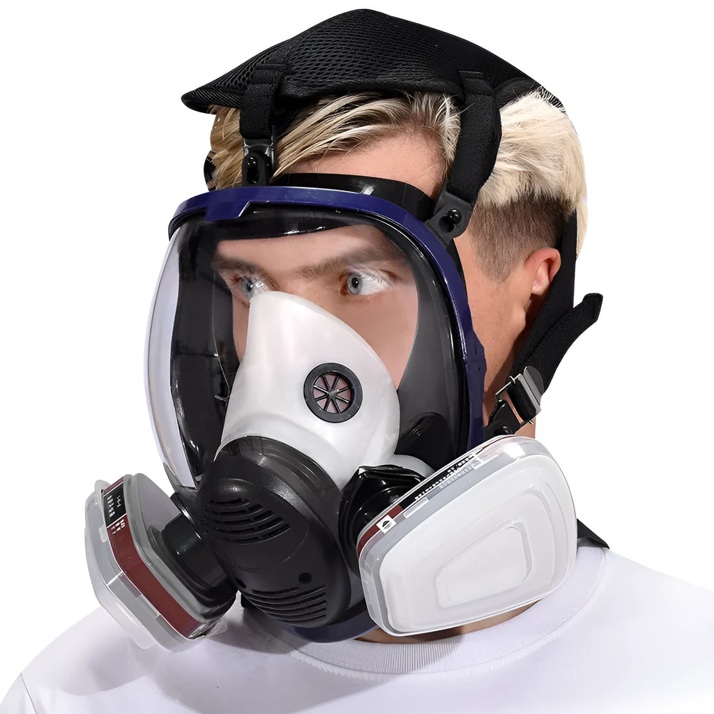 Blue edge spherical full gas mask with trapezoidal canister design and silicone construction