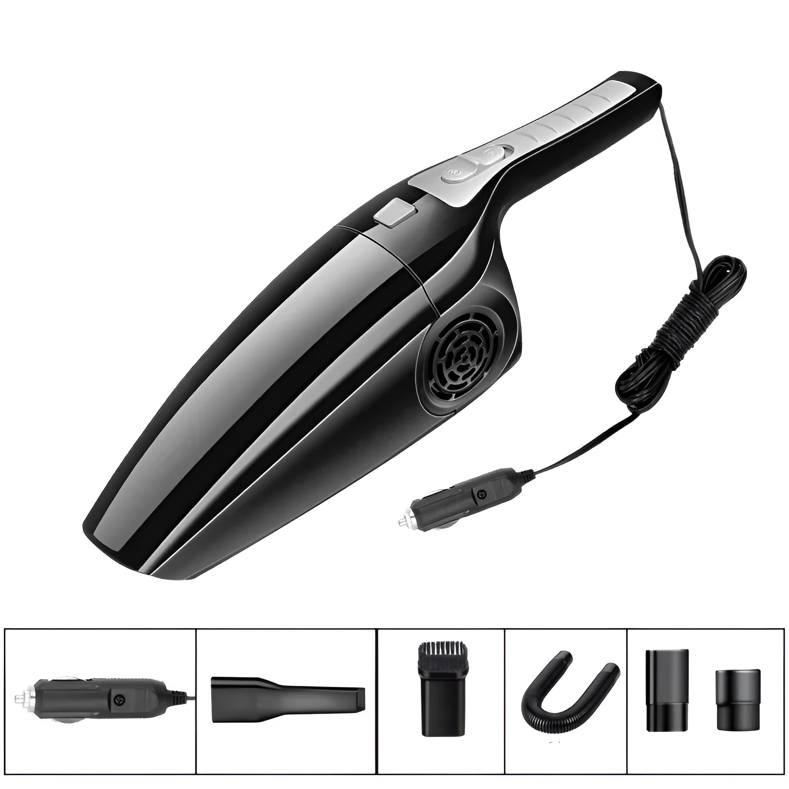 Black and orange 12V car vacuum cleaner with power cable, showing compact size.