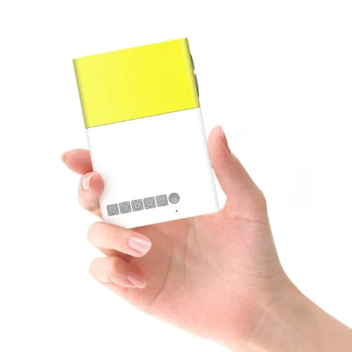 Yellow 1080p LED mini projector YG-300 with HDMI, USB, and TF card slots for portable home cinema