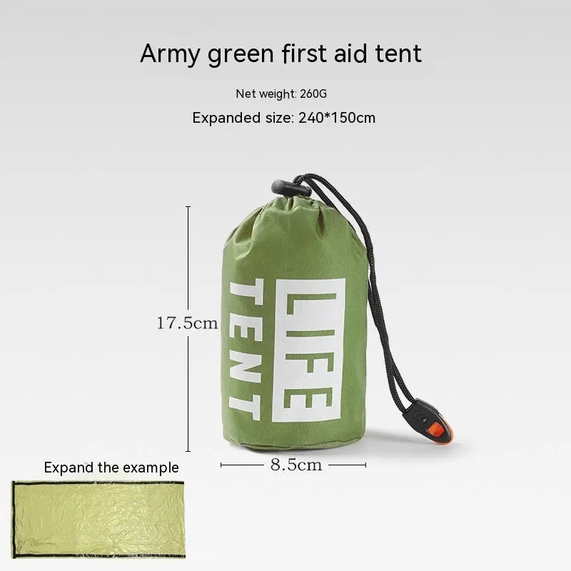 Orange portable disaster relief roof tent with emergency blanket, dimensions 240cm by 150cm