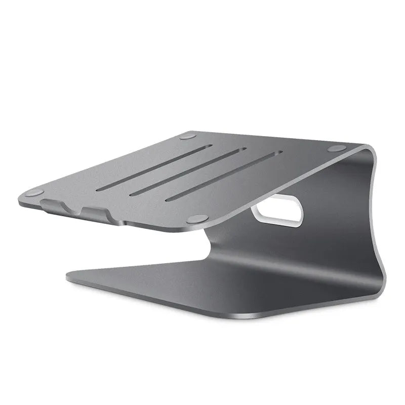 Silver aluminium laptop cooling stand with rotary base on a wooden desk, elevating a laptop.