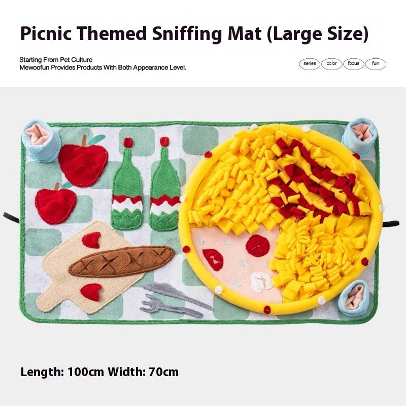 Plastic fabric dog sniffing mat with themed design for treat hiding and canine enrichment
