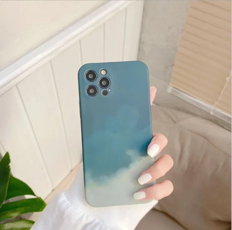 Soft silicone iPhone case with an oil painting gradient and abstract geometric pattern in purple.