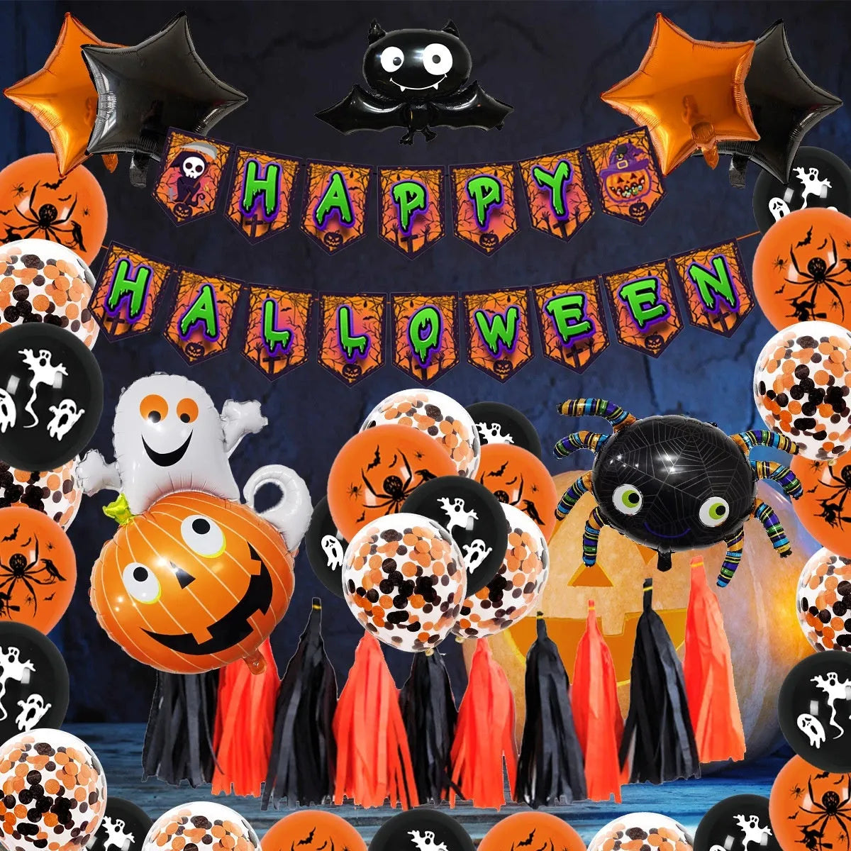 Halloween spider balloon arch decoration set with black and white skeleton and pumpkin balloons