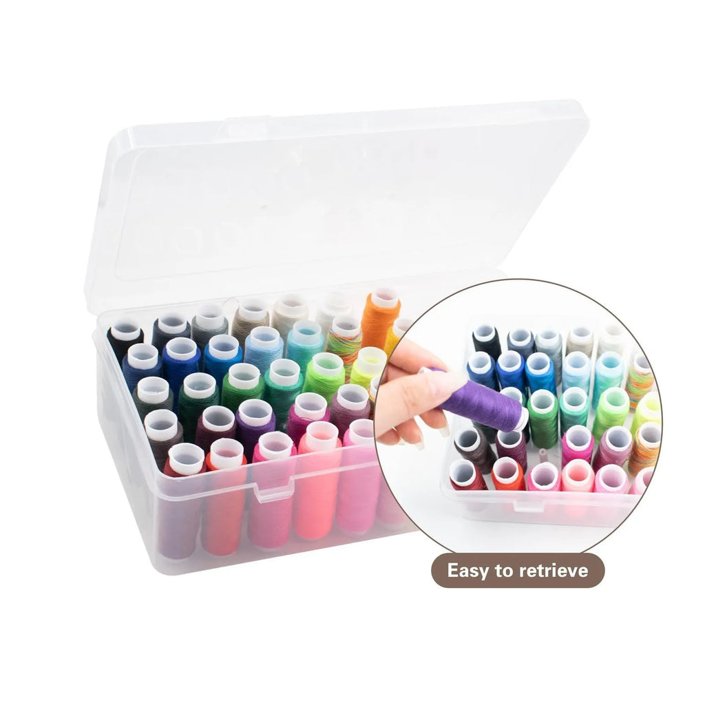 Plastic storage box with 42 compartments for organising embroidery threads and sewing kit items.