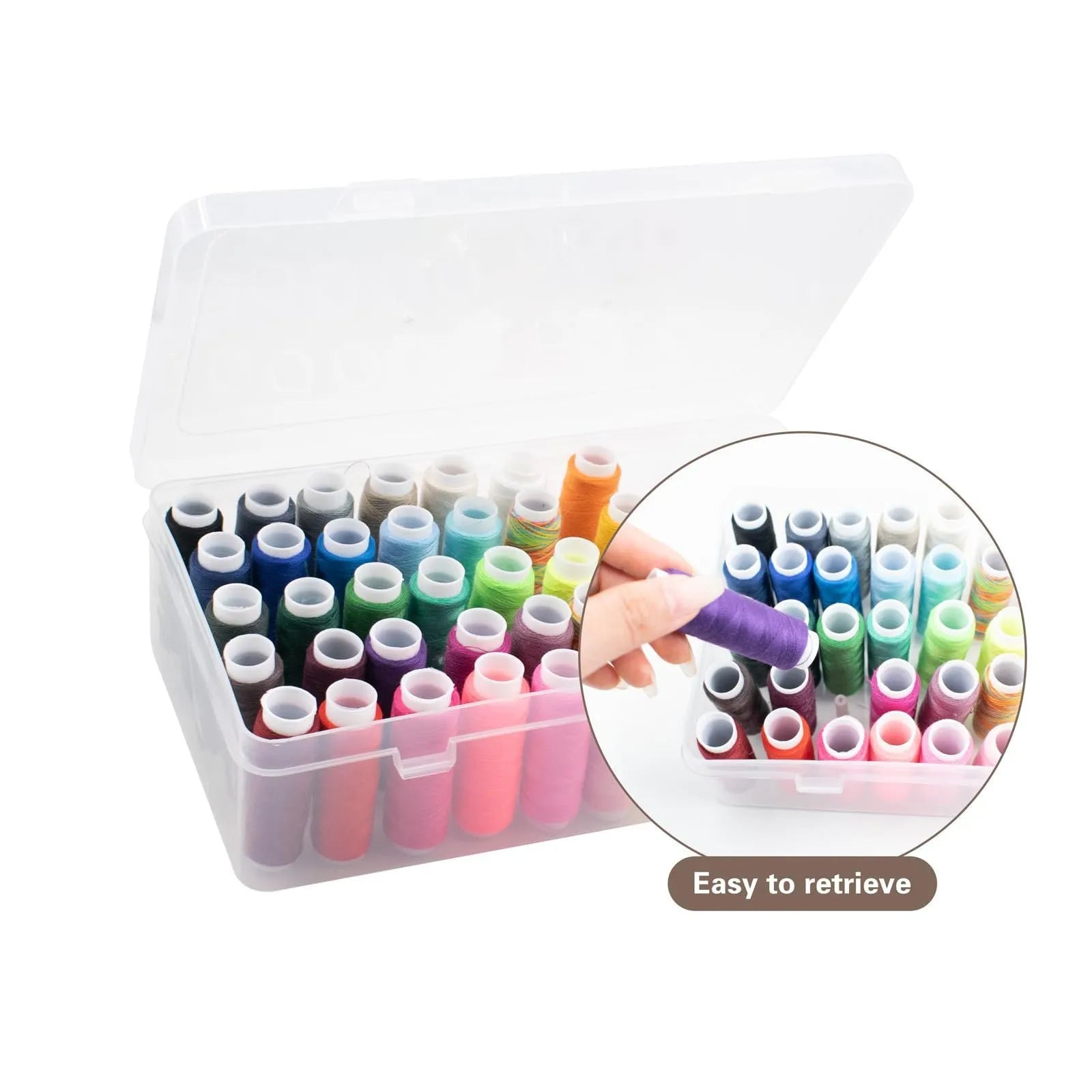 Plastic storage box with 42 compartments for organising embroidery threads and sewing kit items.
