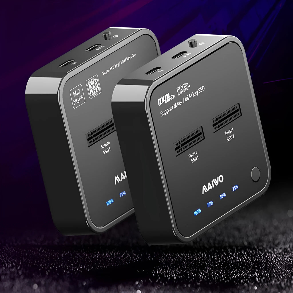 MAIWO K3016 M2 hard disk cloning dock for NVMe and SATA SSDs with USB cables and power adapter.