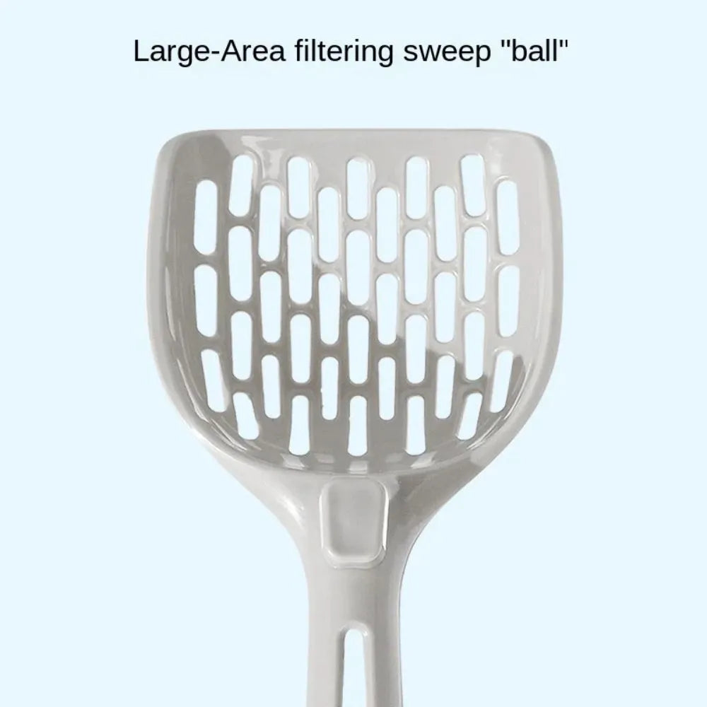 Grey plastic cat litter scoop with integrated base and fine mesh sifting tray