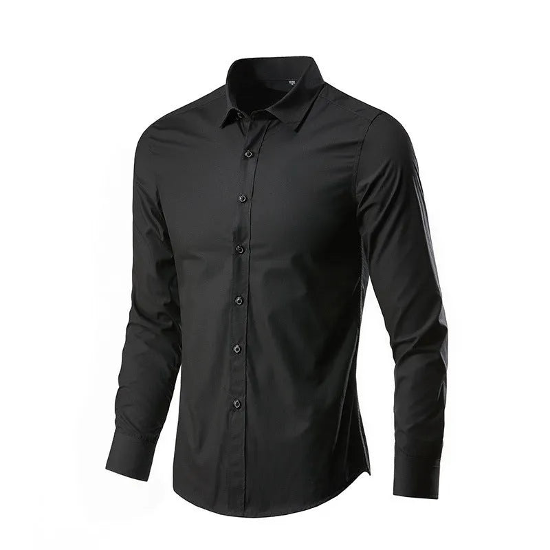 Loose fit long sleeve linen shirt on a hanger, shown in a light colour.