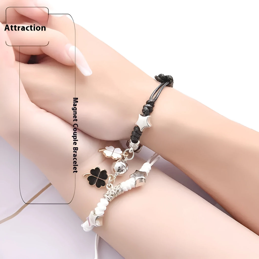 Magnet suction couple bracelets with alloy construction and various pendant designs including crowns and hearts