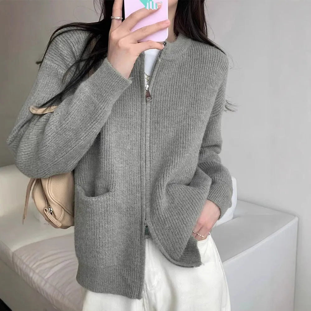 Beige women's cardigan-style sweater coat with long sleeves made from soft viscose.
