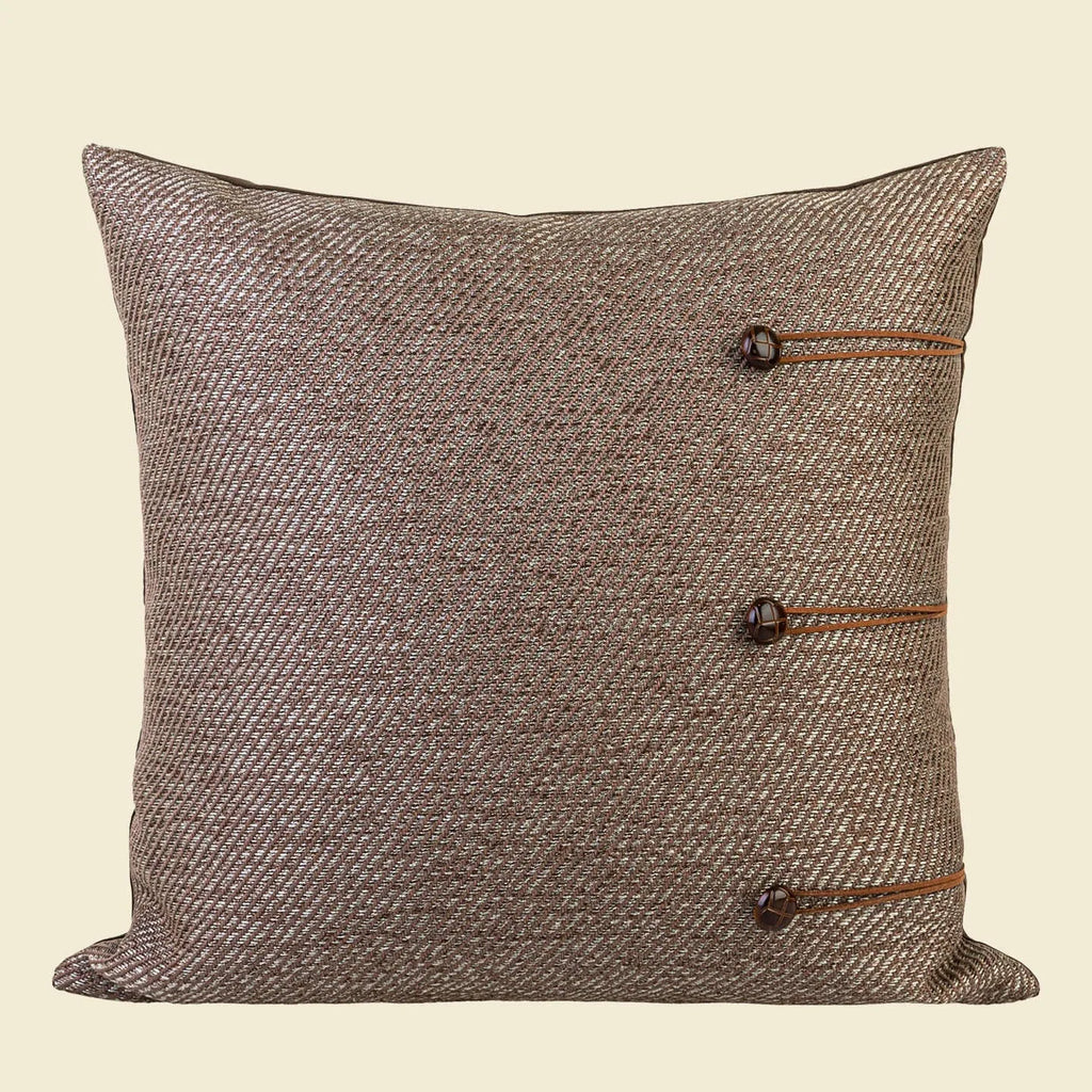 Chinese style square cushion pillow with geometric pattern in brown, red-brown, tea brown, or yellow-brown.