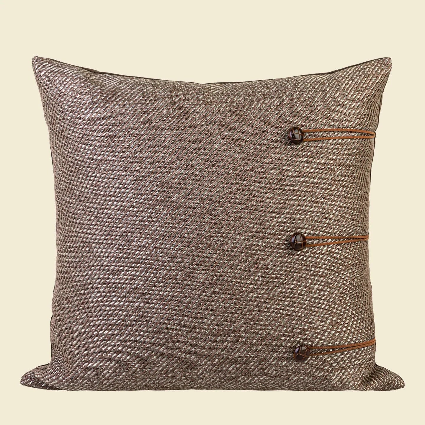 Chinese style square cushion pillow with geometric pattern in brown, red-brown, tea brown, or yellow-brown.