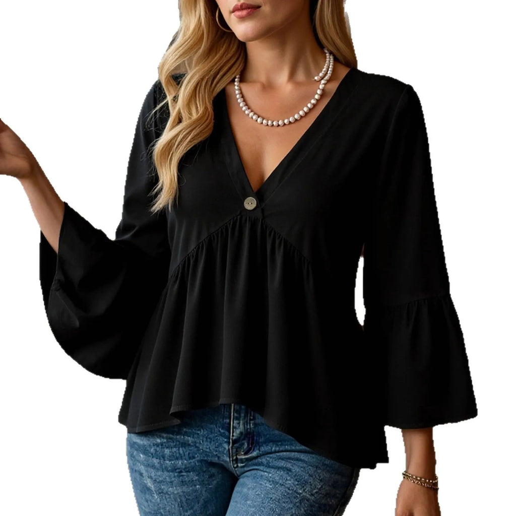 Women's solid black polyester shirt with seven-point flared three-quarter sleeves and pleated texture