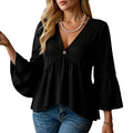Women's solid black polyester shirt with seven-point flared three-quarter sleeves and pleated texture