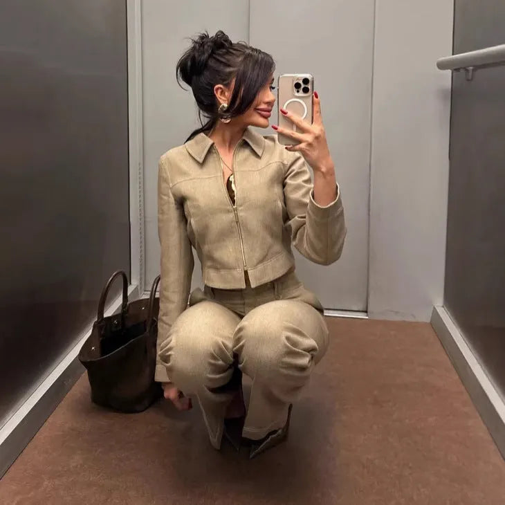 Women's herringbone pattern polyester suit set with 3D embroidery on jacket and trousers