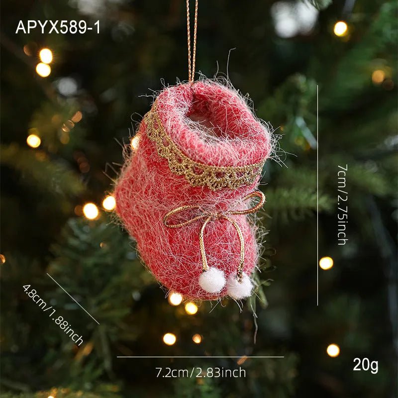 Plush Christmas tree ornament in red or green boot or glove shape, plastic and plush hanging decoration