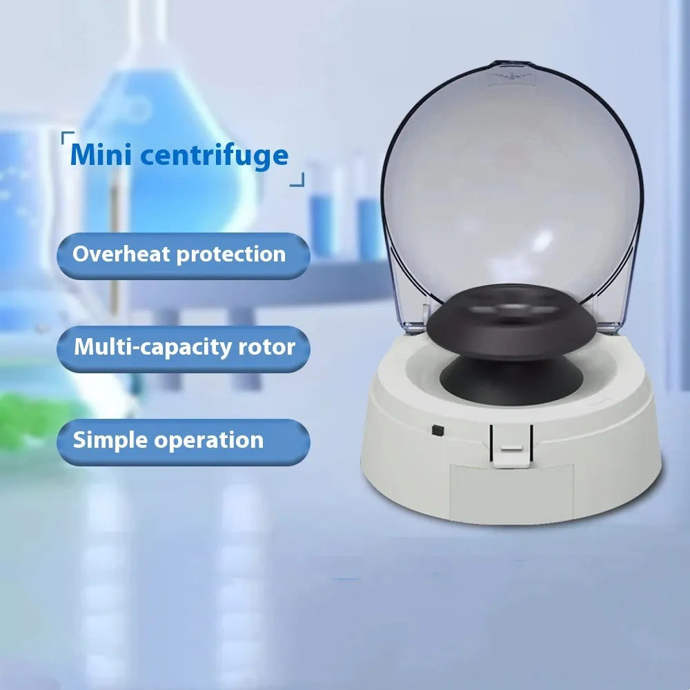Mini laboratory centrifuge with 7000 RPM speed and compact dimensions