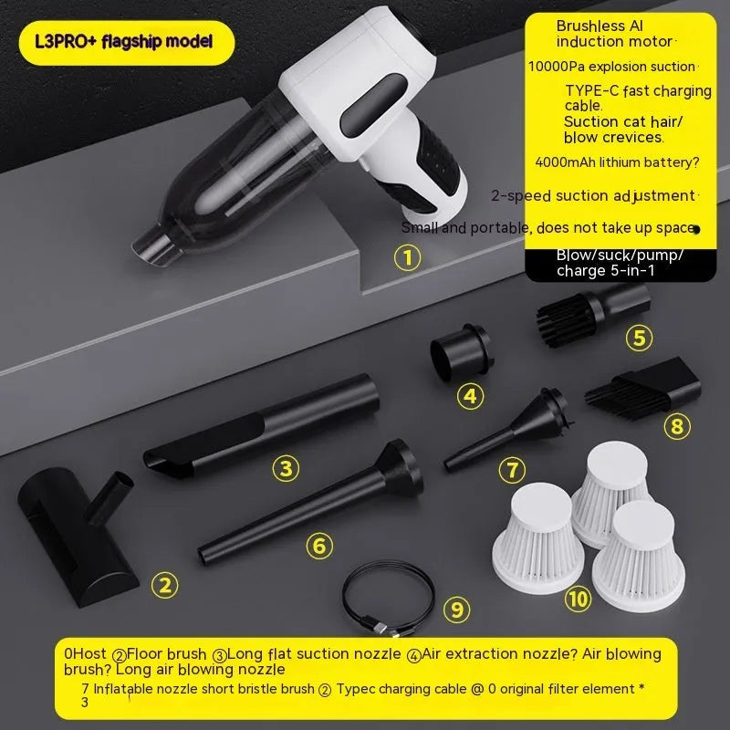 Handheld car vacuum cleaner with nozzle attachments in black, white, or grey colours