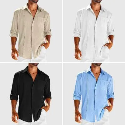 Men's grey casual long sleeve button-up shirt with polo collar and lace-trimmed chest pocket.