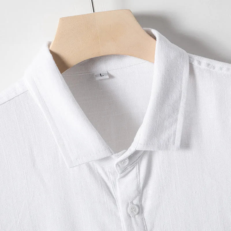 Men's hemp blend linen T-shirt in loose lapel pullover style, shown in optic linen colour