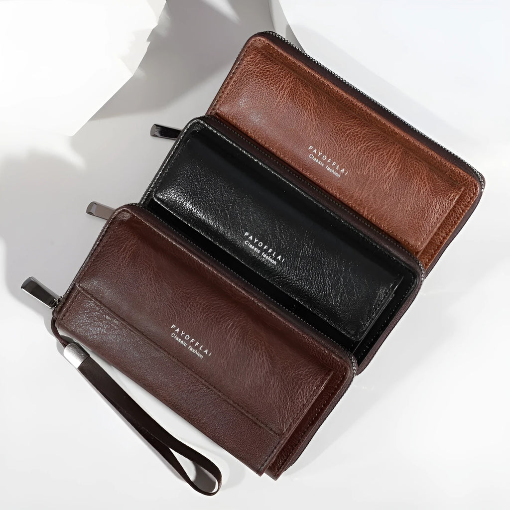 Men's black PU wallet with multiple card slots in casual long 19x10.5x4cm design