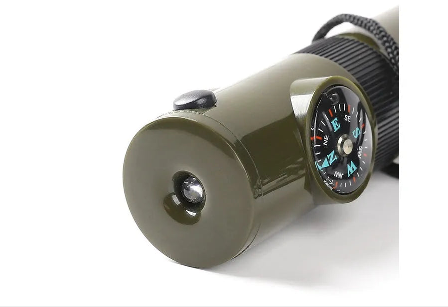 Outdoor professional seven-in-one multifunctional survival whistle in army green 98x29mm