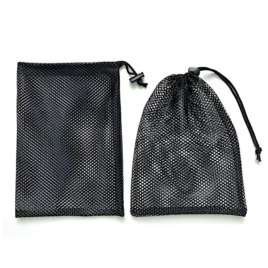 Black drawstring mesh storage bag for children's water balloons.