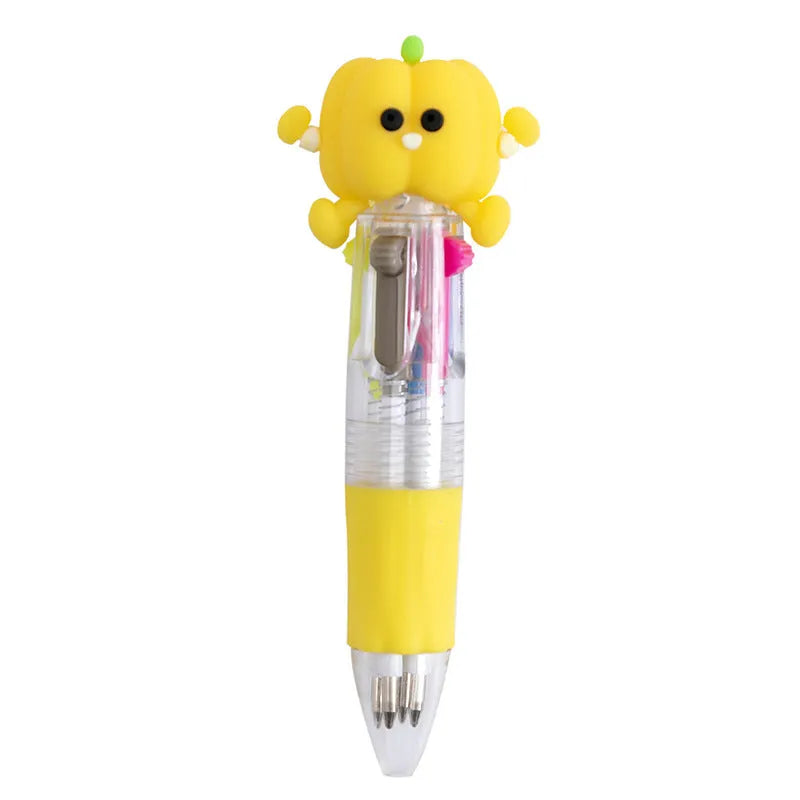 A press-action ballpoint pen with a four-colour cartridge, showing one of five random cartoon designs on the barrel.