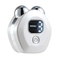 White portable facial massage instrument with double-roller head and USB cable on a blue background.