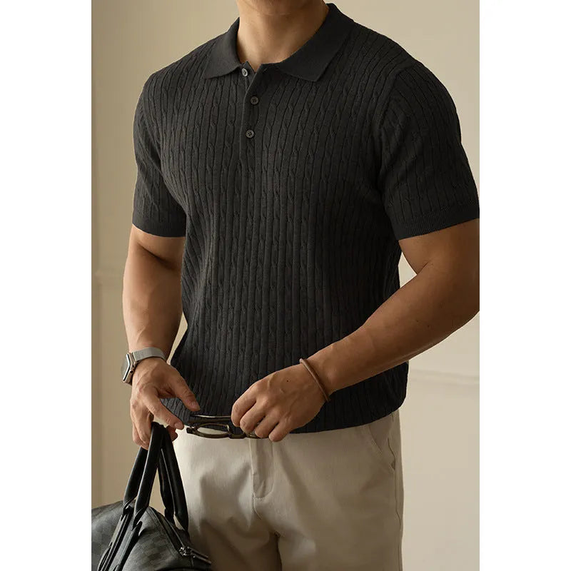 Men's khaki short-sleeve blend-fabric top for business casual and commute wear.