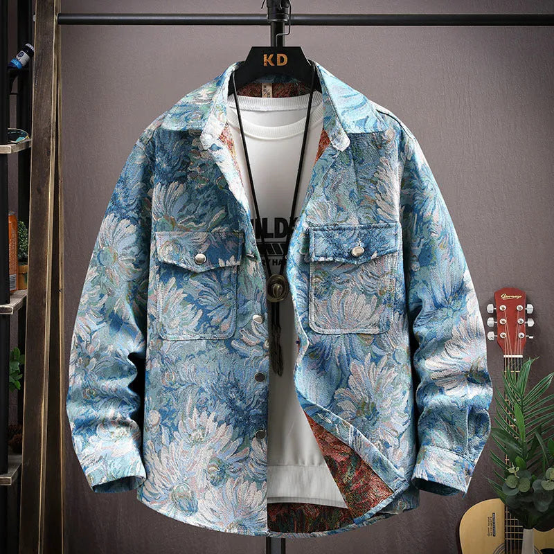 Men's casual lapel shirt coat in polyester, shown in a colour option like black or blue, with long sleeves and a straight hem.