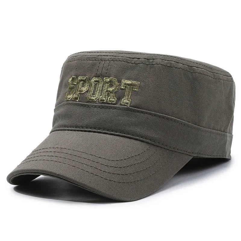 Men's flat-top peaked cap in cotton on adjustable strap, shown in army green colour.