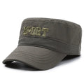 Men's flat-top peaked cap in cotton on adjustable strap, shown in army green colour.