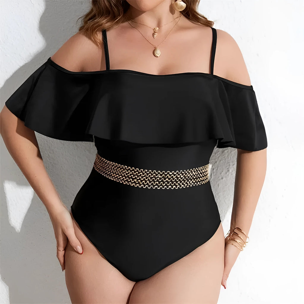 Black polyester one-piece swimsuit for women on a mannequin, showing full-coverage plus-size design.