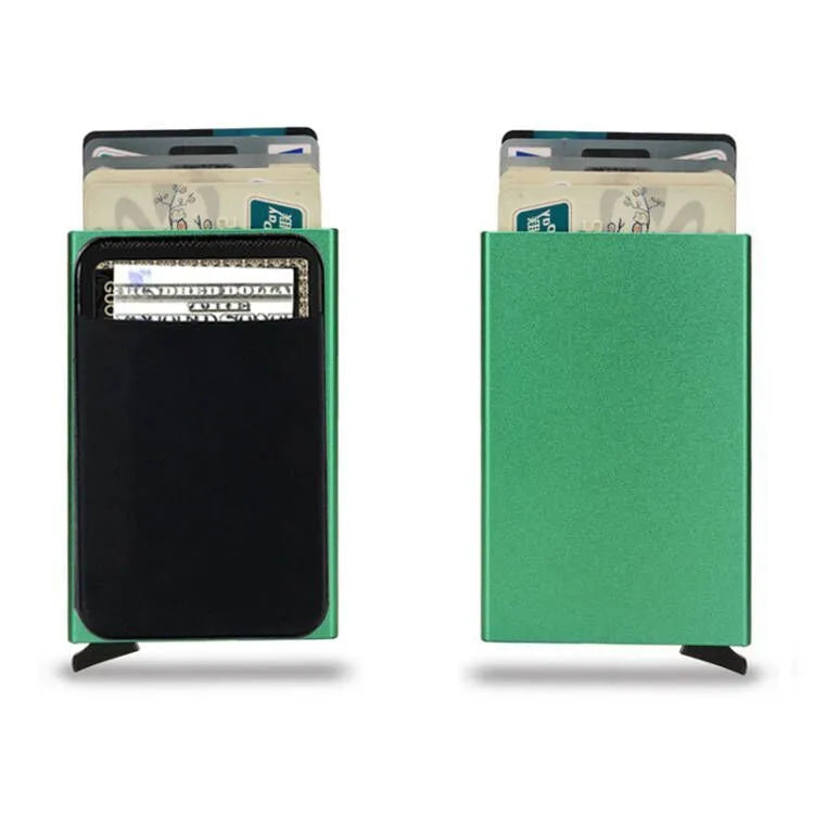 Frosted metal slim credit card wallet in aluminium alloy showing colour options.