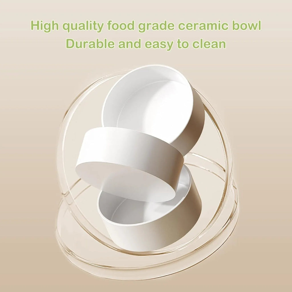 Green ceramic raised cat feeding bowls set with tilted design on a non-slip stand