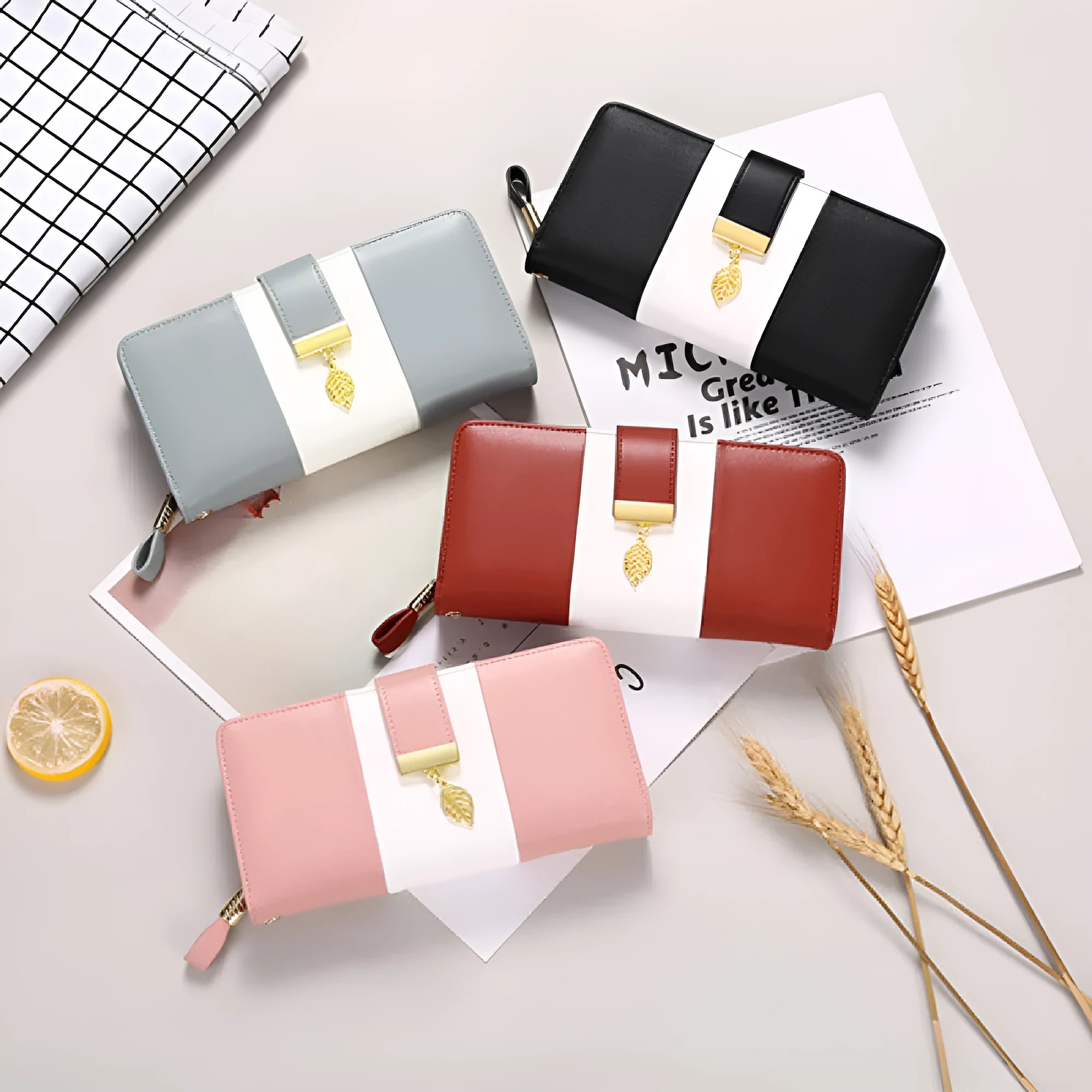 Midnight black PU leather anti-theft clutch bag with zip open, showing fold-out wallet section and microfiber lining.