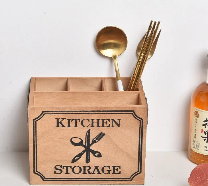 Solid colour wooden kitchen storage box for knives forks chopsticks with internal grid divider