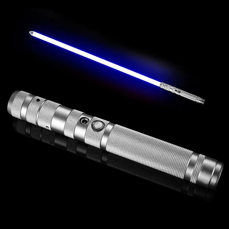 Two 2-in-1 RGB metal lightsabers connected with adapter showing ten-colour glow and metal hilt on blue background
