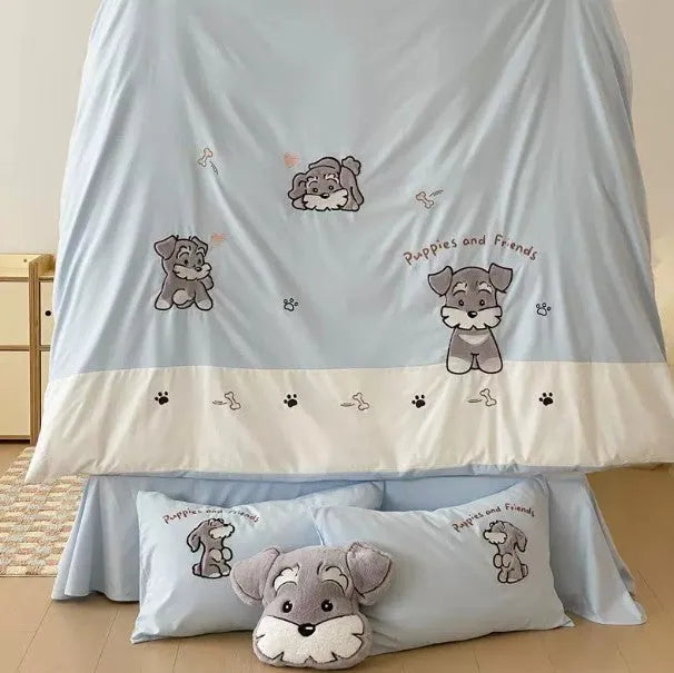 Schnauzer cartoon embroidered bedding set with quilt cover, sheet and pillowcases on bed