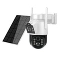 Outdoor solar-powered wireless wifi security camera with solar panel in black and white or white finish.
