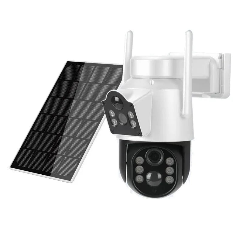 Outdoor solar-powered wireless wifi security camera with solar panel in black and white or white finish.