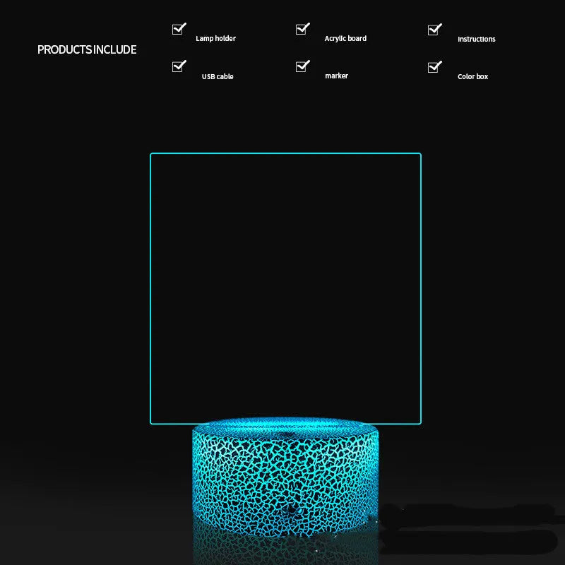 Black 3D acrylic message board night light with remote control and stylus on desk.