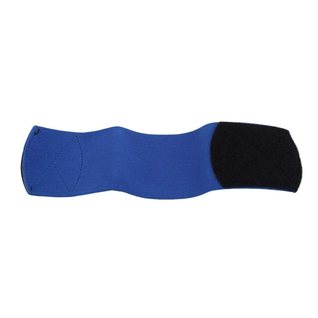 Silicone rubber shin guard fixing strap in red, shown stretched