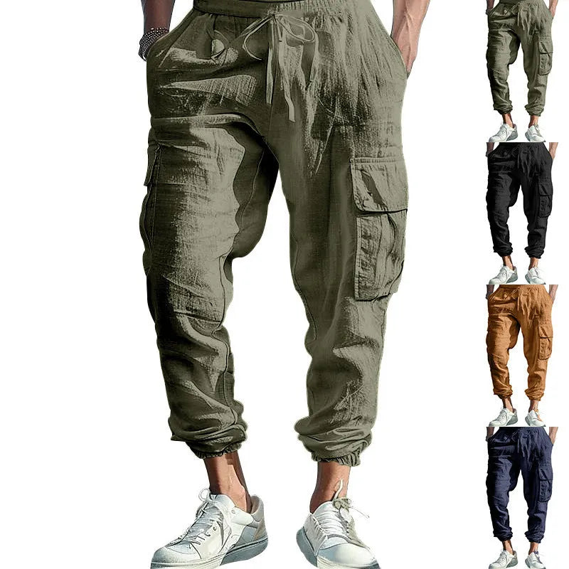 Men's linen casual trousers with ankle-tied cuffs and multiple pockets in a solid colour.
